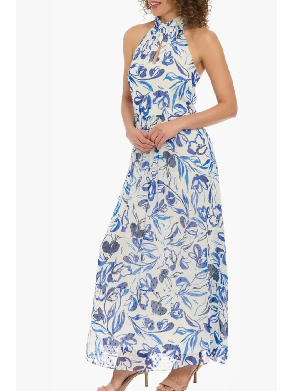 New London Times Clip Dot Floral Print Maxi Dress White Blue Size L